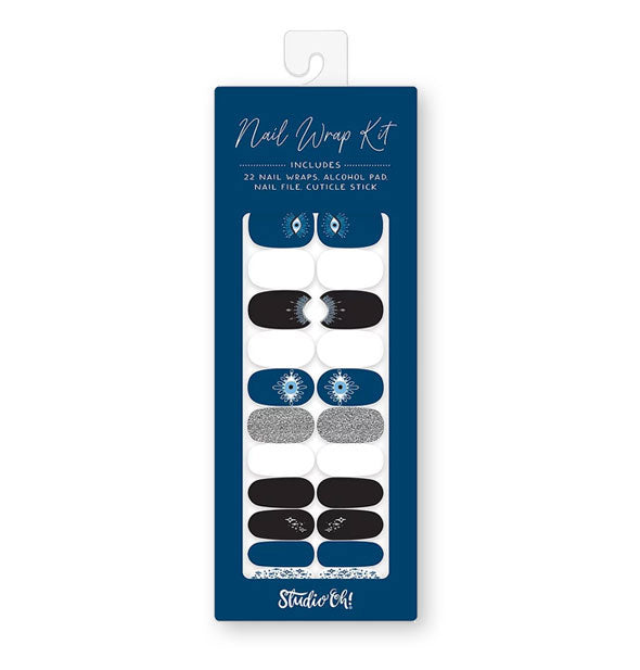 Evil Eye Nail Wrap Kit by Studio Oh! features dark blue, black, silver, and white mystic designs