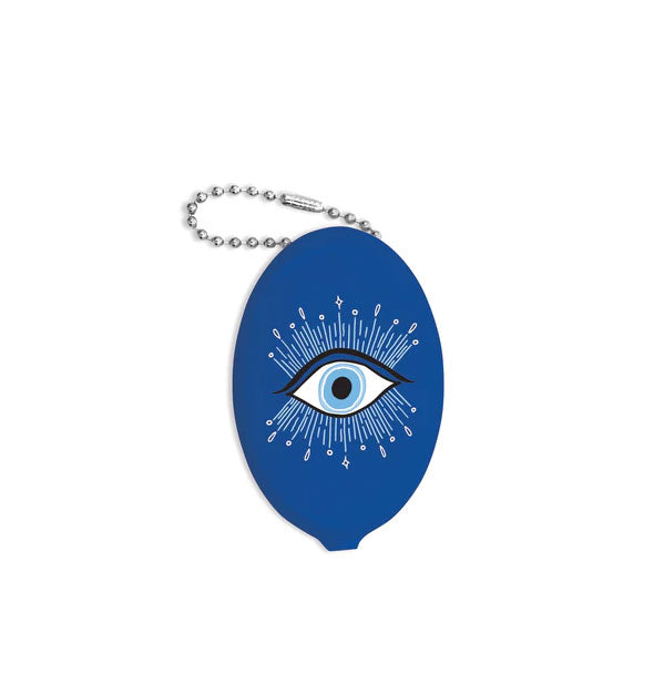 Dark blue oval-shaped coin purse with attached silver bead chain features illustration of an evil eye emblem
