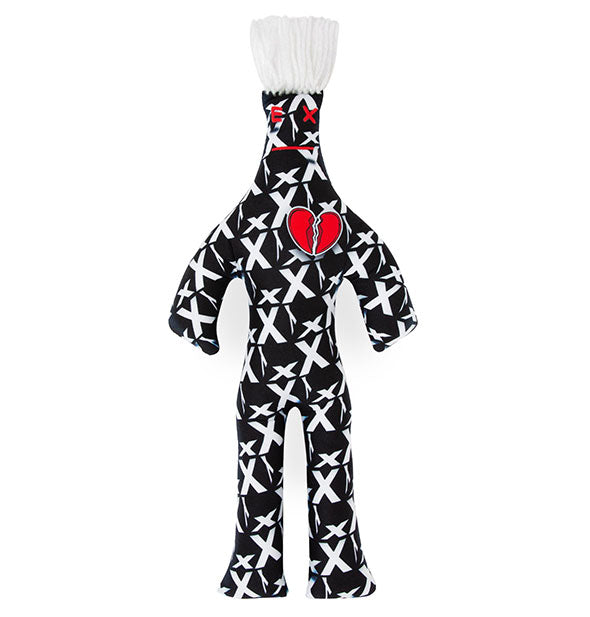 Doll with black and white X print, white yarn "hair," and a broken heart illustration