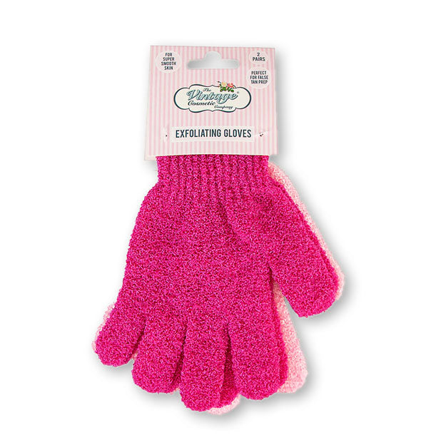 Pink Exfoliating Gloves by The Vintage Cosmetic Company attached to blister card