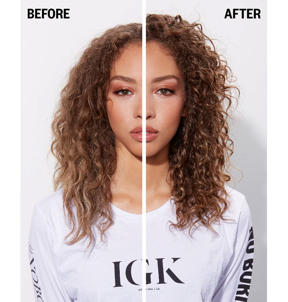 Results of styling with IGK Expensive Amla Oil Hi-Shine Topcoat: before and after