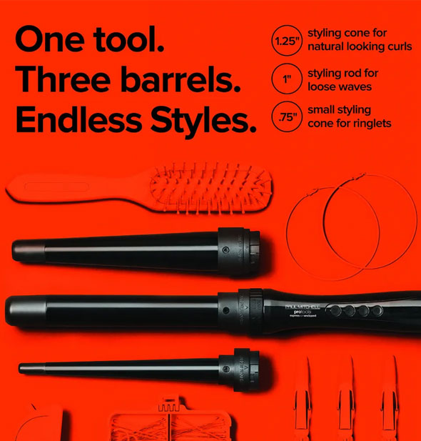 Image of Paul Mitchell curling wand is captioned, "One tool. Three barrels. Endless Styles." A 1.25-inch styling cone is for natural-looking curls, a one-inch styling rod is for loose waves, and a .75-inch small styling cone is for ringlets