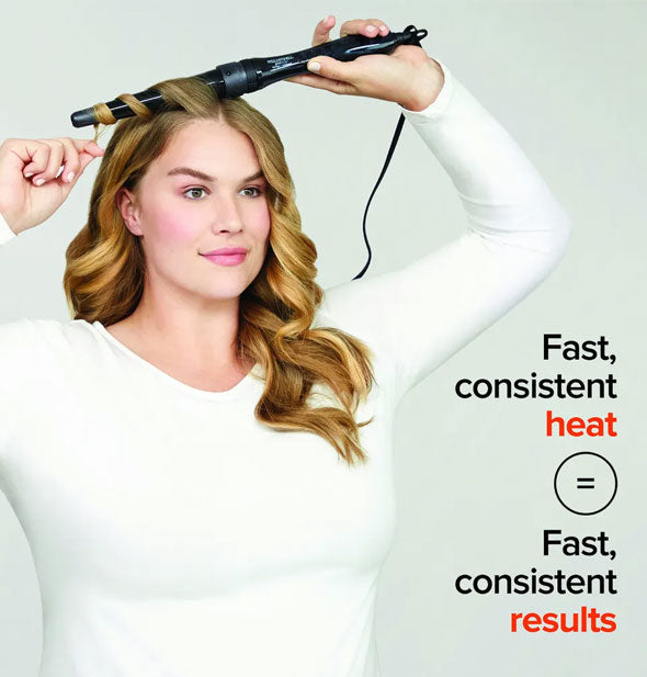 Model styles hair with a curling wand next to the text, "Fast, consistent heat = Fast, consistent results"