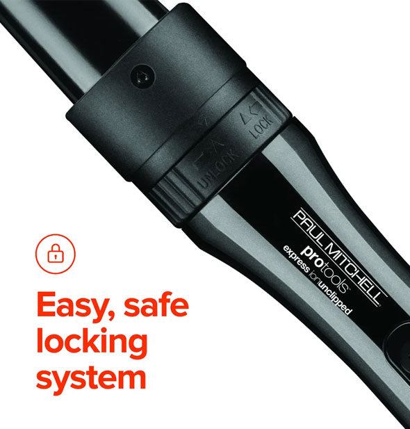 Closeup of Paul Mitchell ProTools Express Ion Unclipped curling wand handle is captioned, "Easy, safe locking system"