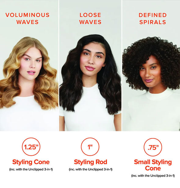 Models with Voluminous Waves, Loose Waves, and Defined Spirals demonstrate the results of using three different curling wand barrel sizes