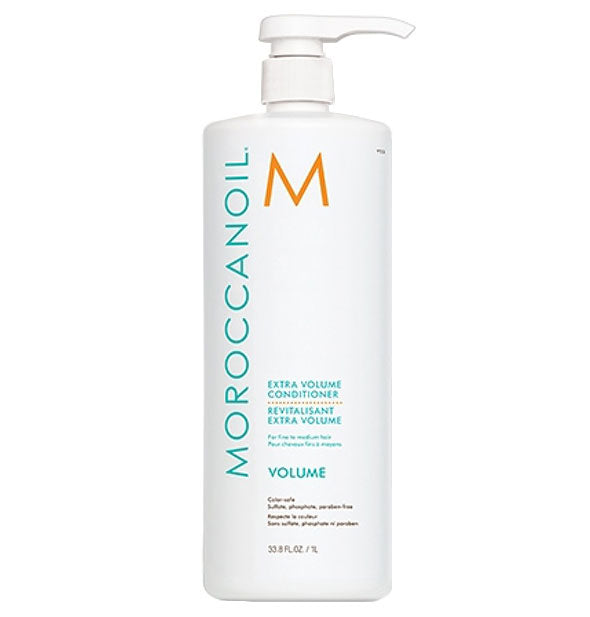 33.8 ounce bottle of Moroccanoil Extra Volume Conditioner with pump nozzle