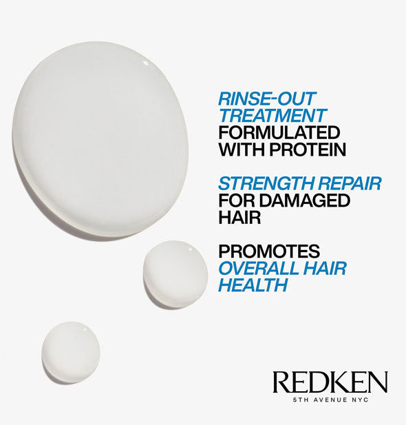 Sample droplets of Redken Extreme CAT Treatment are captioned, "Rinse-out treatment formulated with protein; Strength repair for damaged hair; Promotes overall hair health"