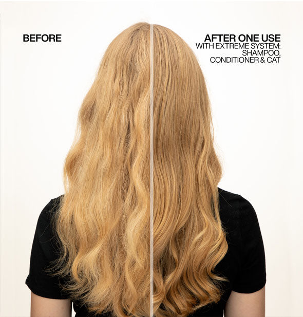 Before and after results of Redken Extreme Shampoo, Conditioner, and CAT Treatment system