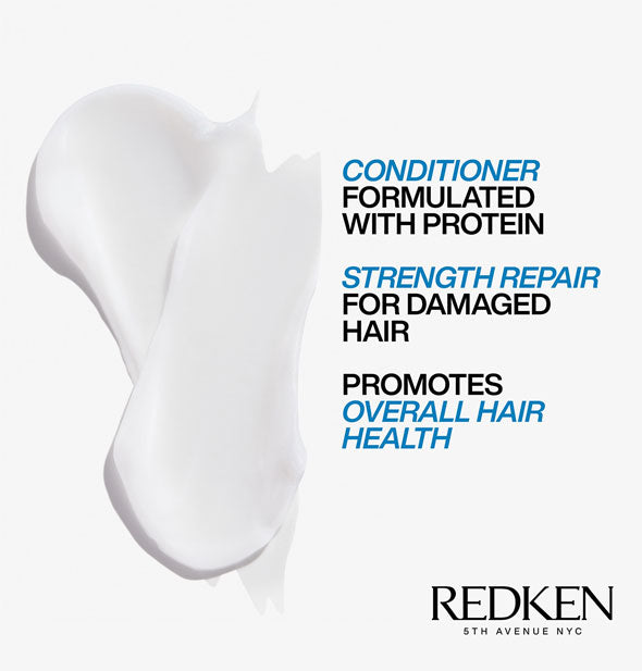 Redken Extreme Conditioner product sample is captioned, "Conditioner formulated with protein; Strength repair for damaged hair; Promotes overall hair health" with Redken logo