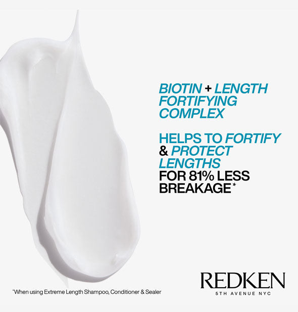 Sample swabs of Redken Extreme Length Conditioner with Biotin are captioned, "Biotin + Length Fortifying Complex helps to fortify & protect lengths for 81% less breakage (when using Extreme Length Shampo, Conditioner & Sealer)"