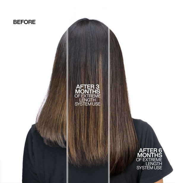 Before, 3-month, and 6-month progress of Redken Extreme Length System use
