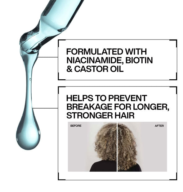 Closeup of a dropper dispensing a blueish serum is labeled, "Formulated with niacinamide, biotin & castor oil" with before and after comparison labeled, "Helps to prevent breakage for longer, stronger hair"