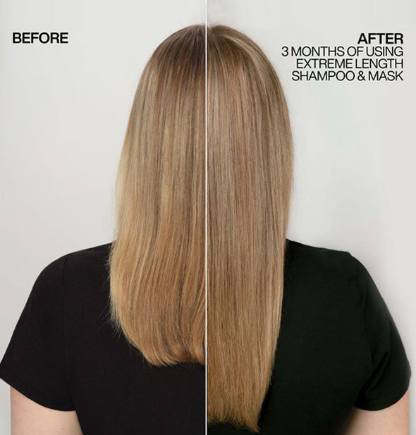 Before and after length comparison of hair with 3-month use of Redken Extreme Length Shampoo & Mask