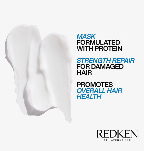 Sample daubs of Redken Extreme Play Safe Treatment are captioned, "Mask formulated with protein; Strength repair for damaged hair; Promotes overall hair health"