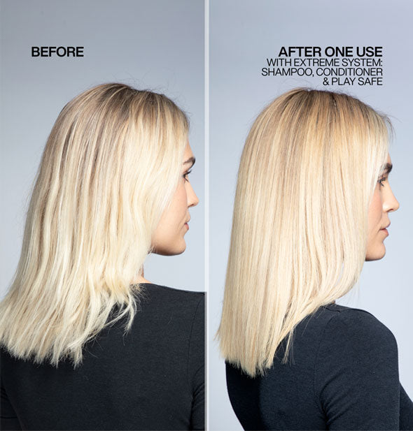 Before and after results of using Redken Extreme system: Shampoo, Conditioner, and Play Safe