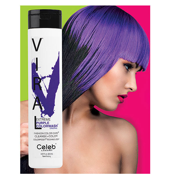 Viral Extreme Purple Colorwash bottle and result on model