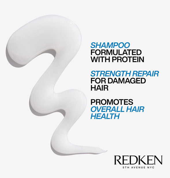 Product sample is captioned, "Shampoo formulated with protein; strength repair for damaged hair; promotes overall hair health" with Redken logo
