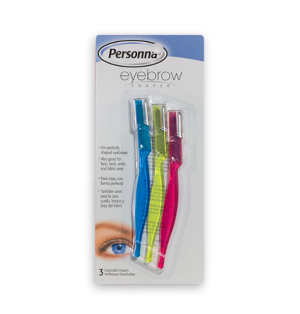 Pack of three Personna Eyebrow Shapers in blue, yellow, and red