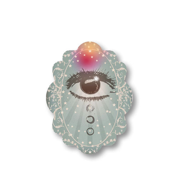 Scalloped-edge sticker with eye illustration and ornate design accents
