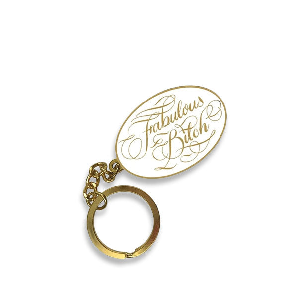 White and gold Fabulous Bitch calligraphic keychain