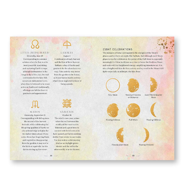 Page spread from Fairy Magic features section on symbols and their meanings as well as moon phases