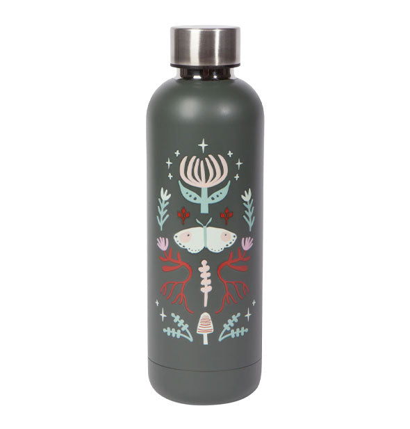 Dark grey water bottle with metallic cap features a design of plants and central moth in red, pastel pink, and pastel green