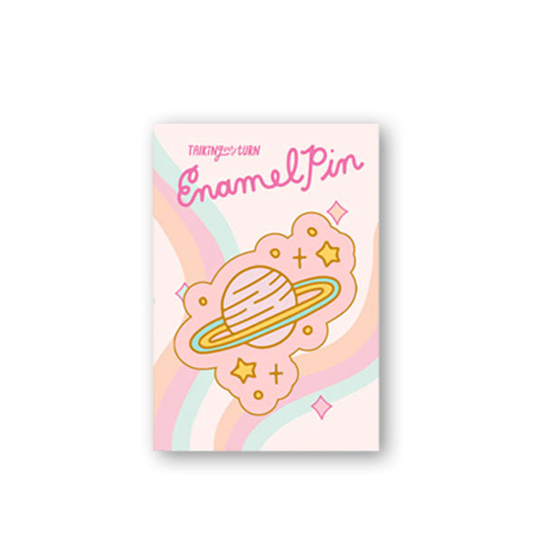 Pink, yellow, and green saturn and stars enamel pin on a Talking Out of Turn product card