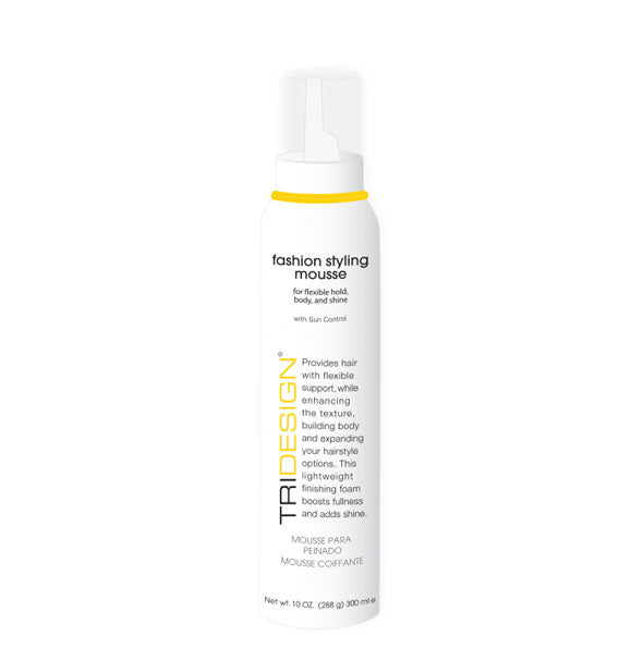 White 10 ounce can of TriDesign Fashion Styling Mousse with black and yellow lettering and design accents