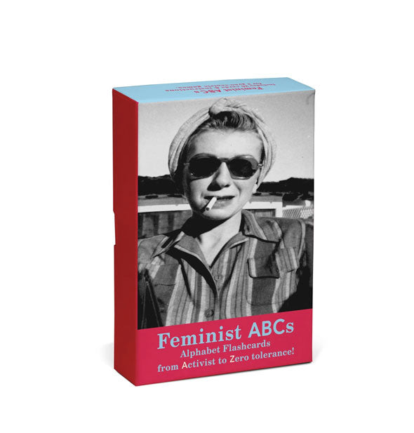 Box of Feminist ABCs Alphabet Flashcards features a black and white photo of a woman wearing sunglasses with a cigarette hanging out of her mouth