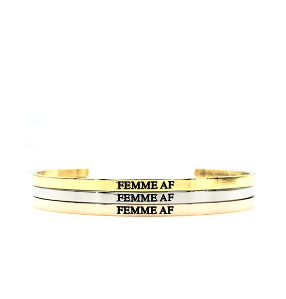 femme af metal bracelets in gold silver and rose gold