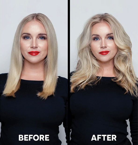 Model before and after styling hair with ColorProof Fiber Blast Texture Créme
