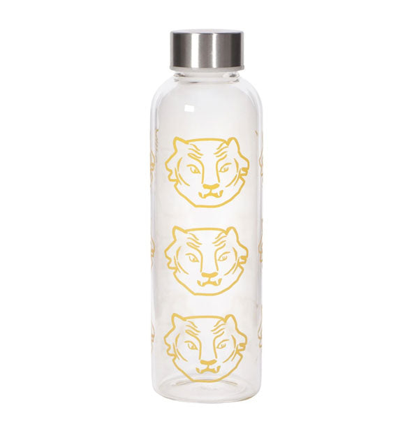Clear glass water bottle with screen-printed yellow tiger face illustrations and stainless steel lid