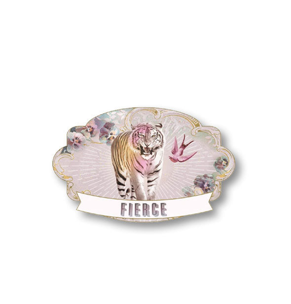 Scalloped-edge sticker with image of a roaring tiger says, "Fierce" in a banner at the bottom
