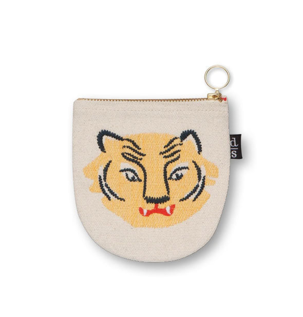 Canvas pouch with rounded bottom, colorful embroidered tiger face, and metal top zipper