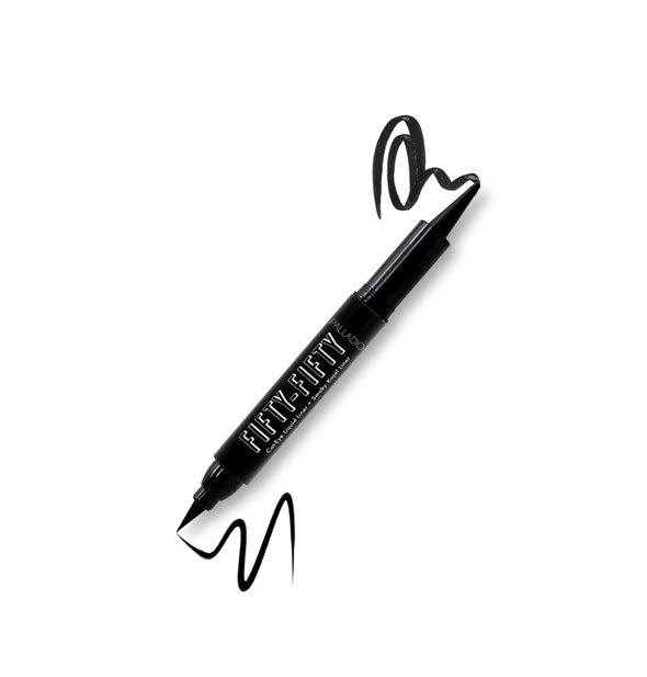 Dual-ended Fifty-Fifty black eyeliner pencil with sample fine and thick lines drawn from each end