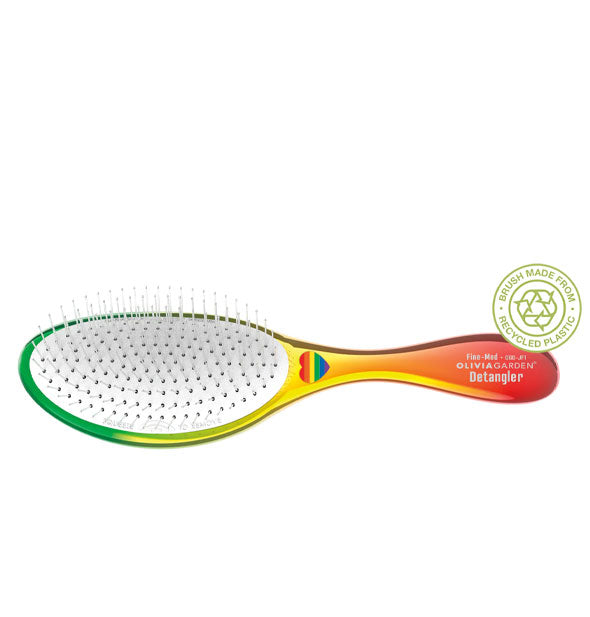 Olivia Garden Detangler hairbrush with green-yellow-red ombre coloring and a rainbow heart logo at center features a recycled materials badge