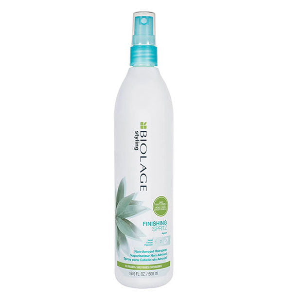 White 16.9 ounce bottle of Biolage Styling Finishing Spritz with blue and green accents