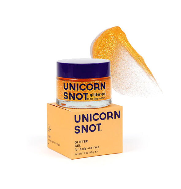 Pot of orange Unicorn Snot Glitter Gel with sample product application at top right in the shade Fire