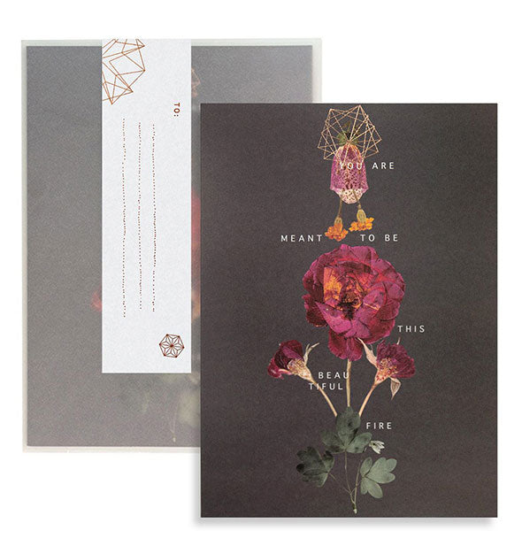 Dark gray greeting card and envelope with floral design and gold details