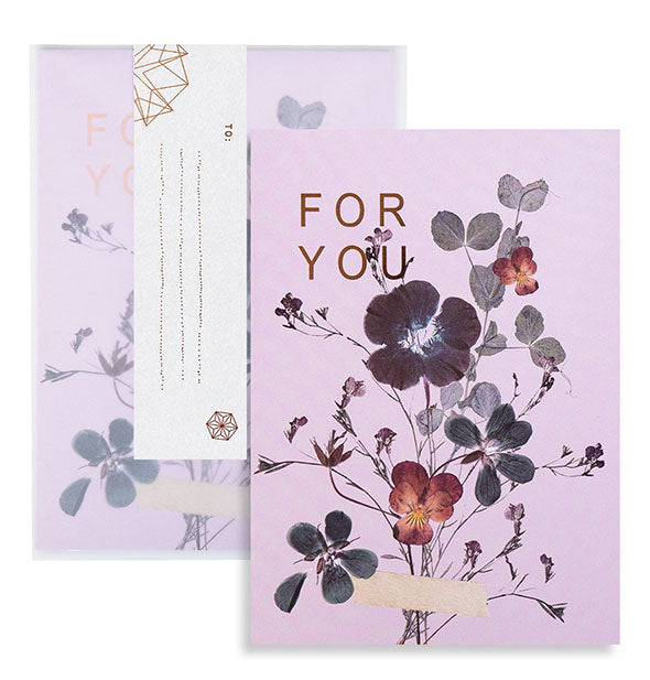 Purple greeting card and envelope with floral design and gold accents