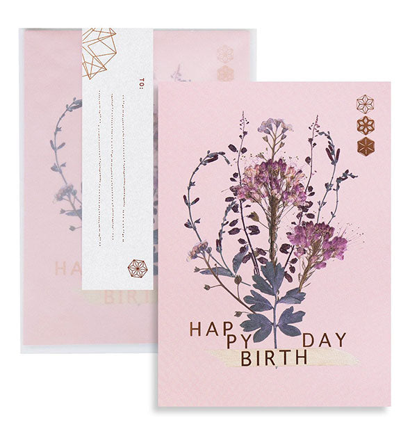 Pink birthday greeting card and envelope with pressed flower design and copper foil details