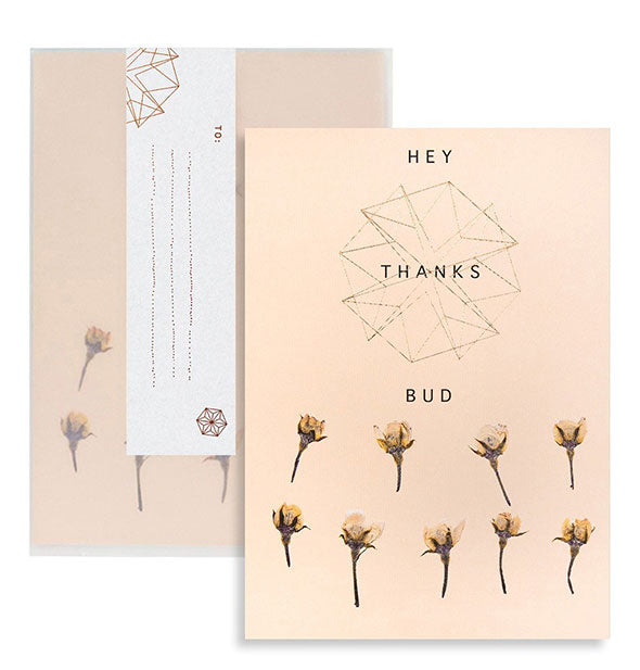 Hey Thanks Bud greeting card and envelope with pressed flower design and copper foil details