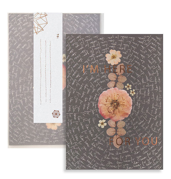Decorative floral greeting carda and envelope with copper foil detail and white spiraling script design