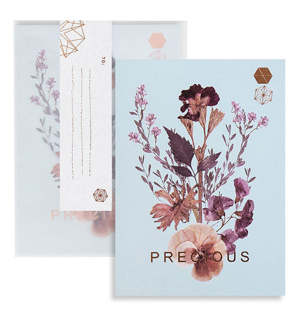Blue floral Precious greeting card and envelope accented with copper foil details