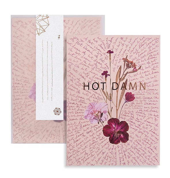 Pink greeting card with intricate floral and script design says, "Hot Damn" in metallic gold lettering