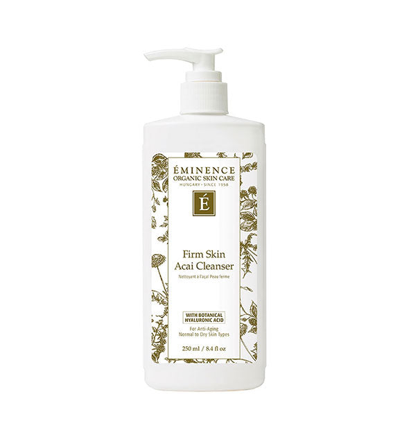 White 8.4 ounce bottle of Eminence Organic Skin Care Firm Skin Acai Cleanser with green floral pattern