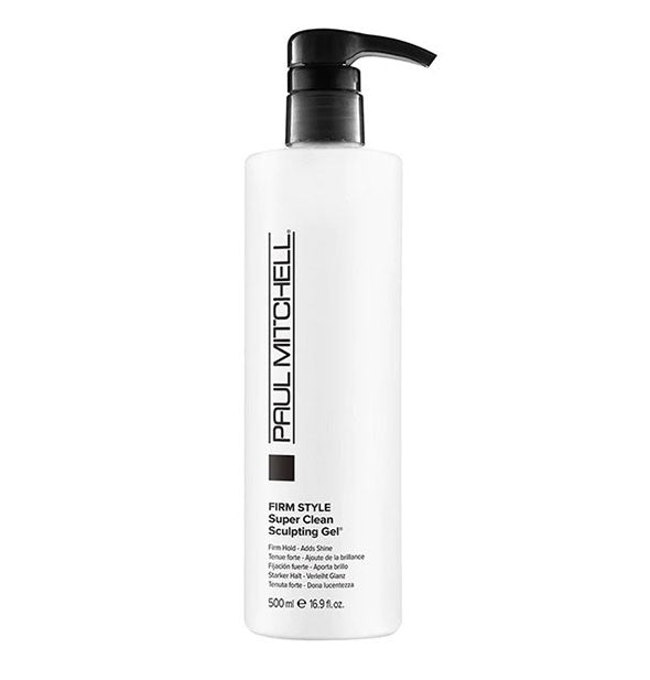 16.9 ounce bottle of Paul Mitchell Firm Style Super Clean Sculpting Gel with pump nozzle