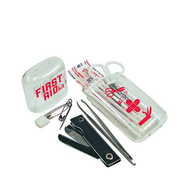 First Aid Kit with plastic case and some contents including safety pins, nail clipper, tweezer, bandages, swabs, and scissors shown