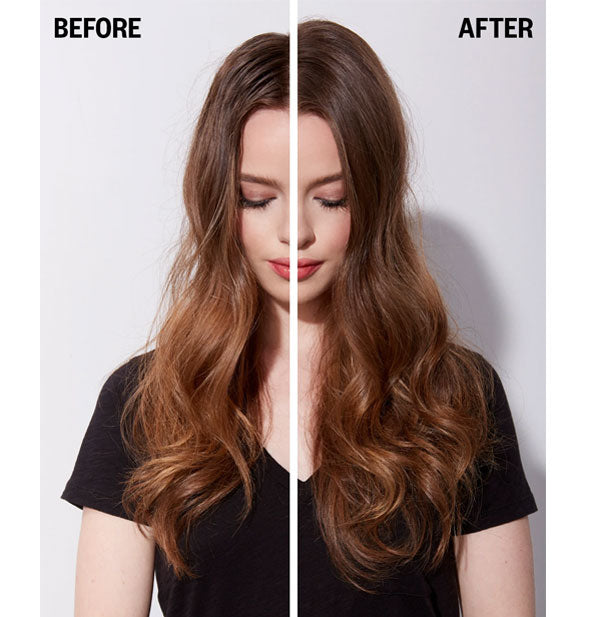 Results of styling hair with IGK First Class Charcoal Detox Dry Shampoo: before and after