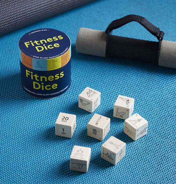 7 Fitness Dice with container on yoga mat